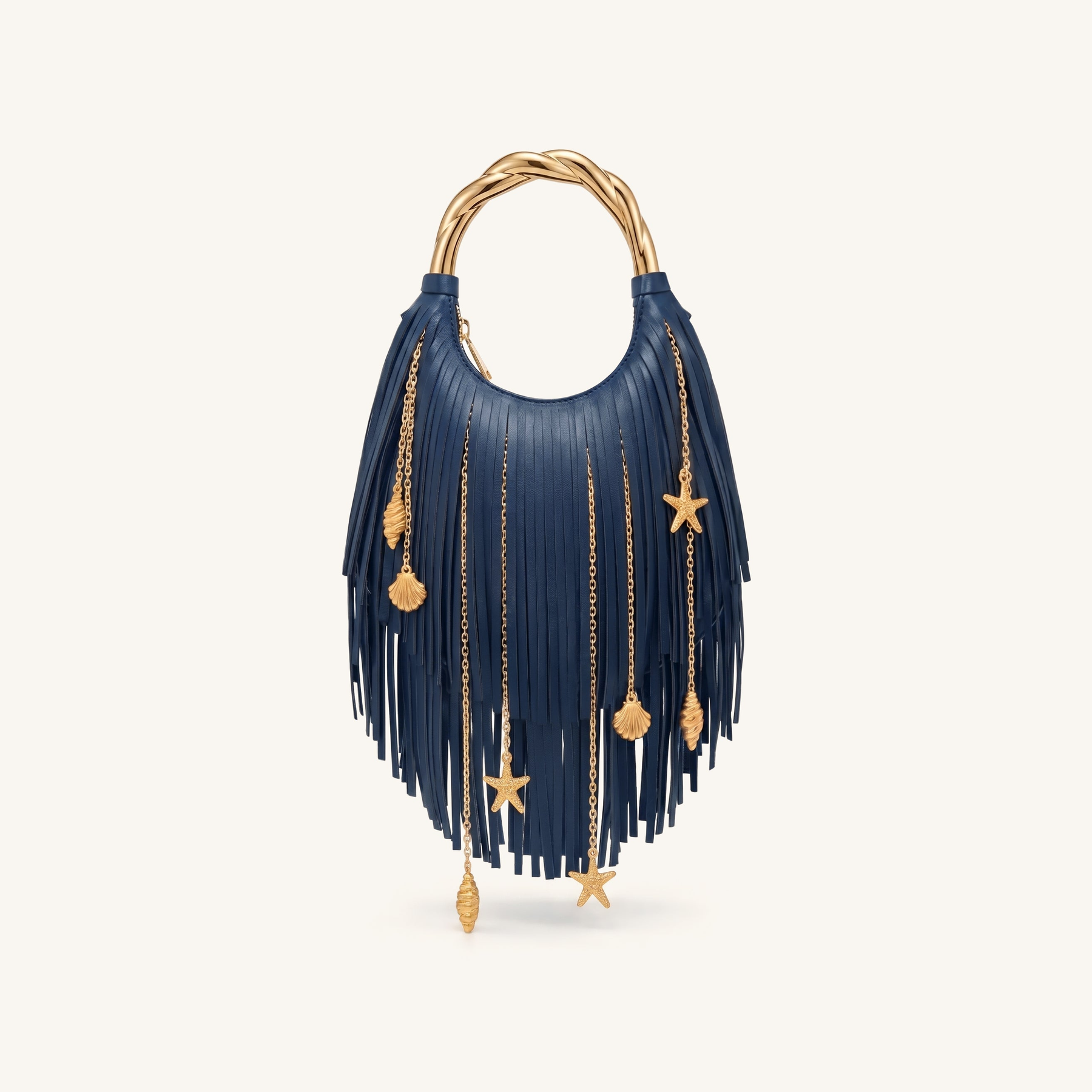 Chloe Metal Handle Fringe Top Handbag - Navy Blue
