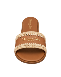 Christian Dior D-Lane Flat Slide Sandal in Camel Calfskin and Raffia