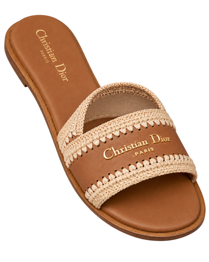Christian Dior D-Lane Flat Slide Sandal in Camel Calfskin and Raffia
