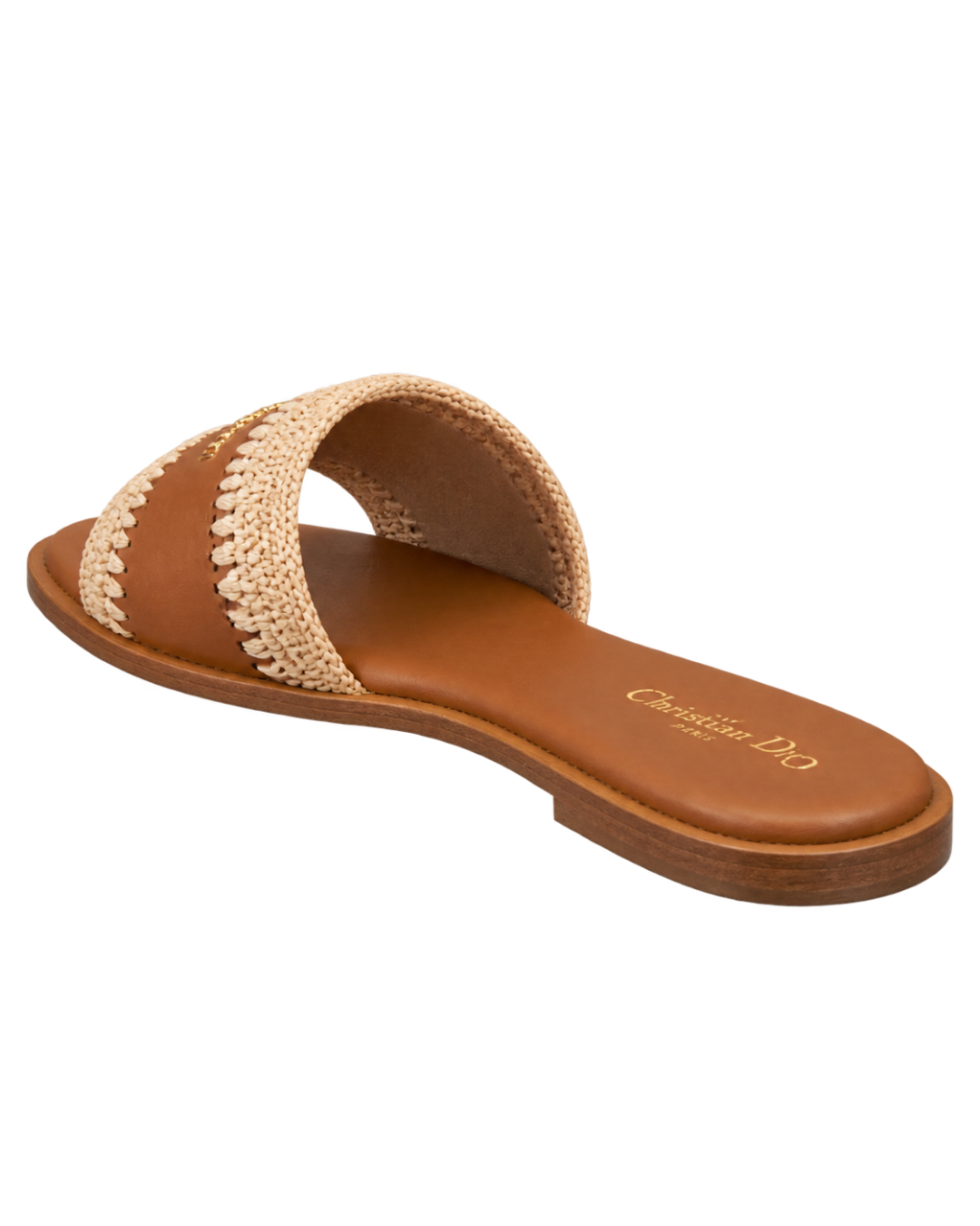Christian Dior D-Lane Flat Slide Sandal in Camel Calfskin and Raffia