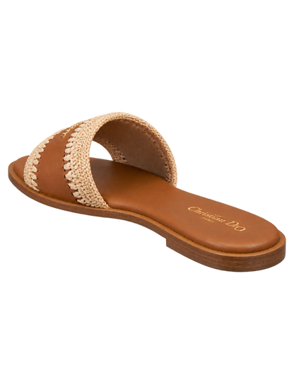 Christian Dior D-Lane Flat Slide Sandal in Camel Calfskin and Raffia