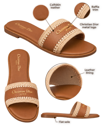 Christian Dior D-Lane Flat Slide Sandal in Camel Calfskin and Raffia