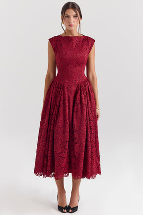 berry lace backless midi dress