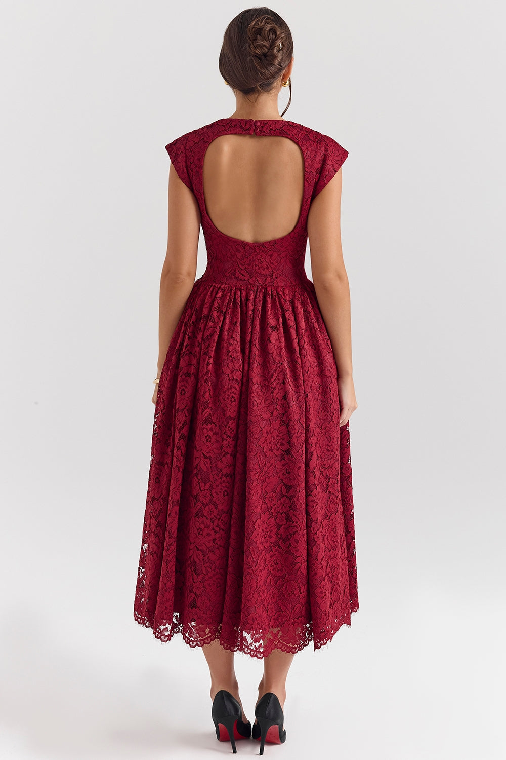 berry lace backless midi dress