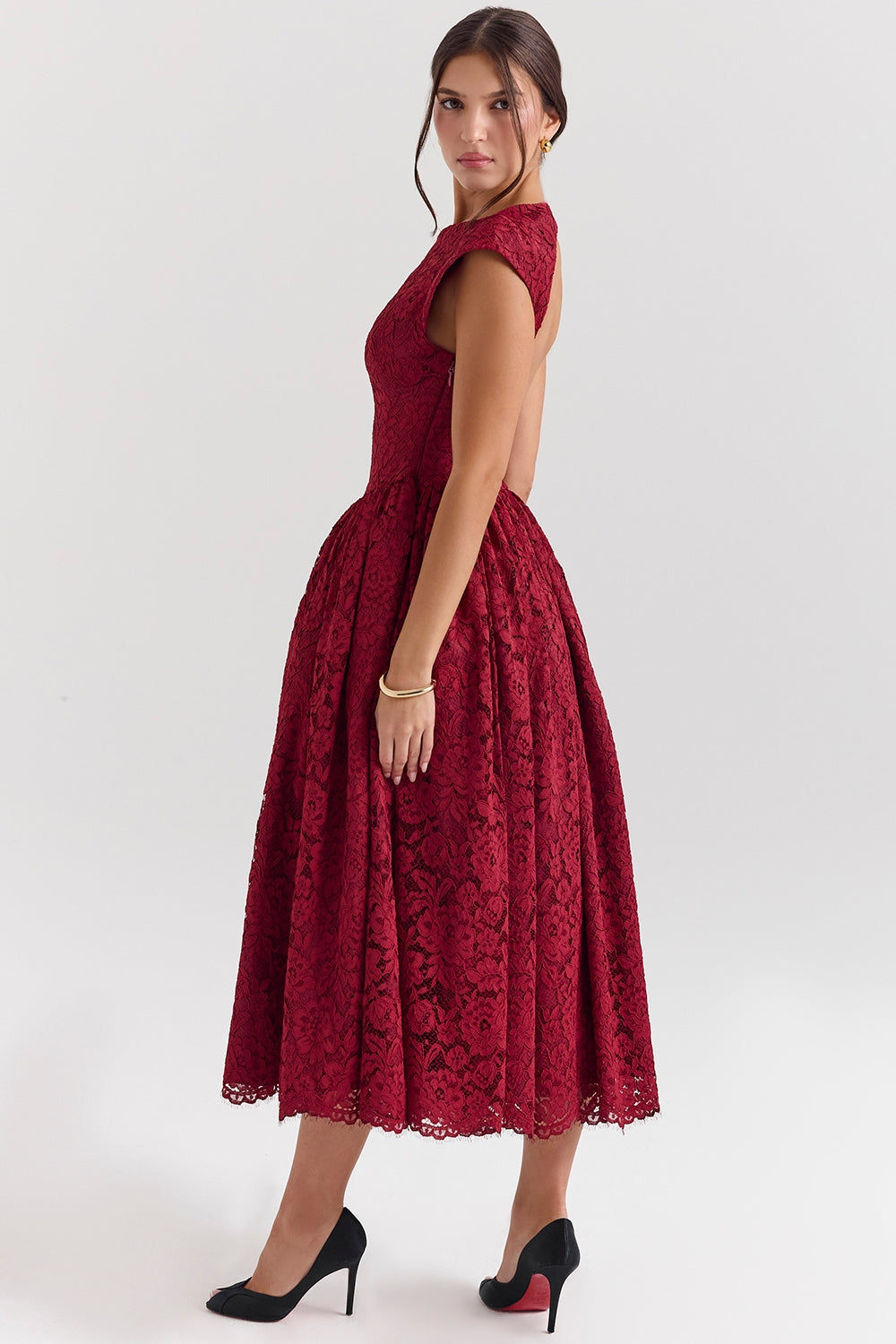 berry lace backless midi dress