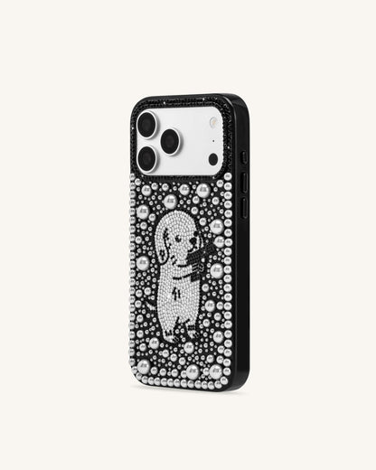 Pearl Artificial Crystal Puppy Phone Case - Black
