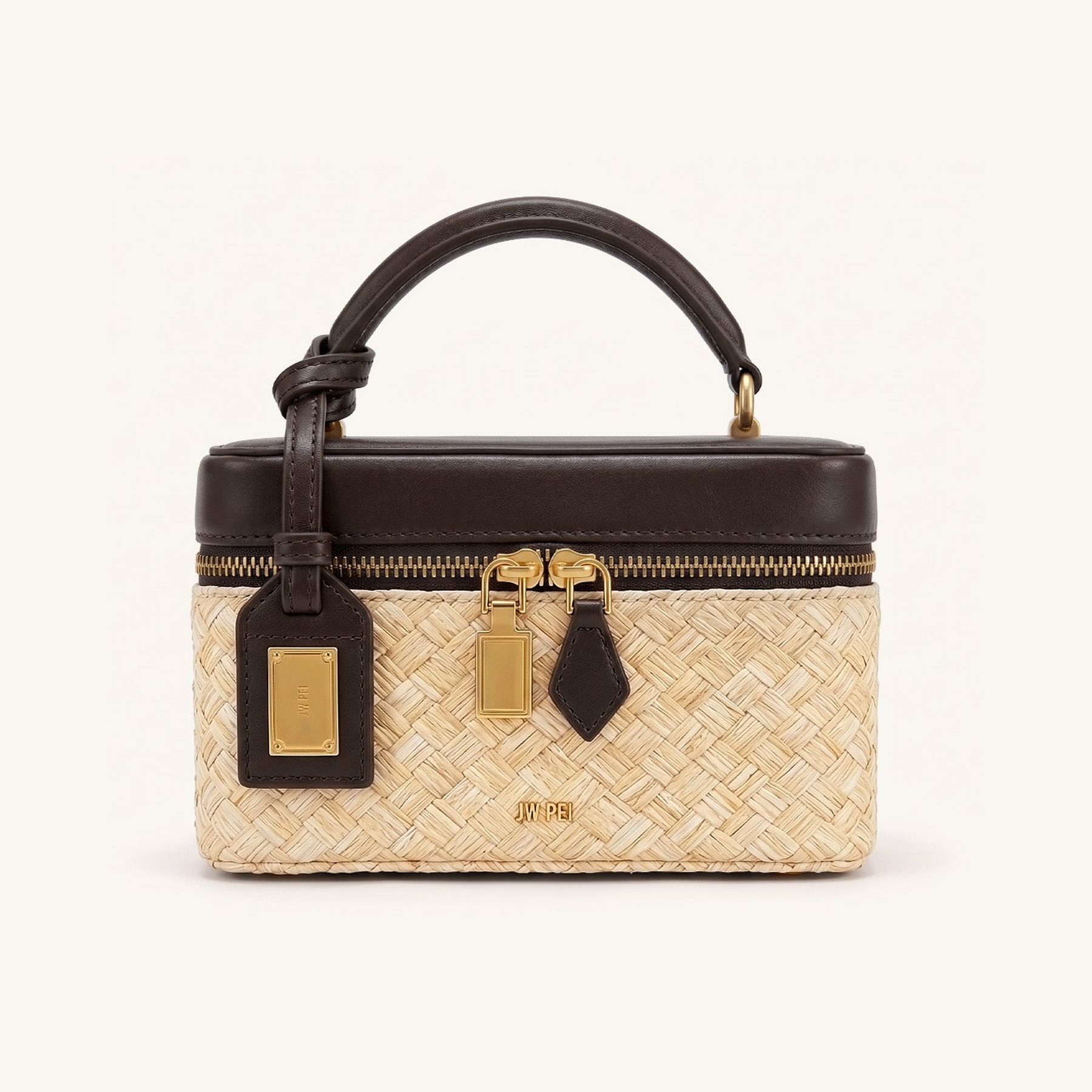 Cleo Faux Straw Box Shape Top Handle Bag - Brown