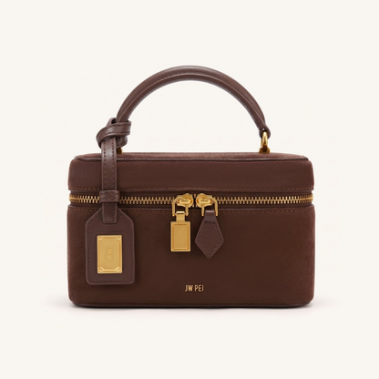 Cleo Faux Suede Box Shape Top Handle Bag - Chocolate Brown