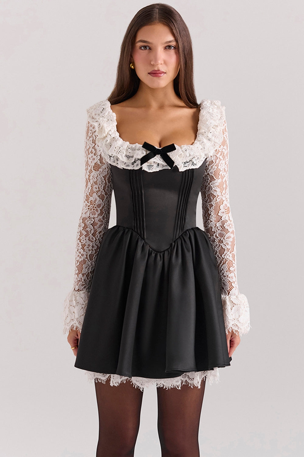 Black lace ruffle mini dress