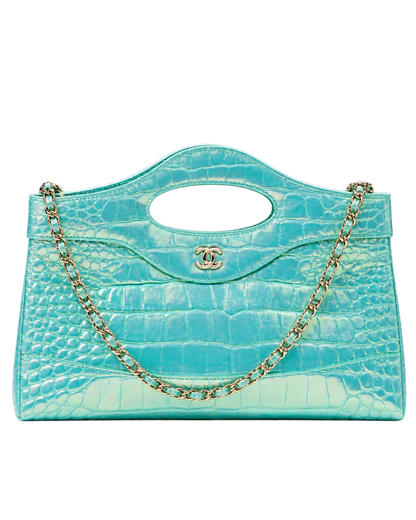 Clutch with chain Crocodile Embossed Iridescent Calfskin & Gold-Tone Metal  Turquoise