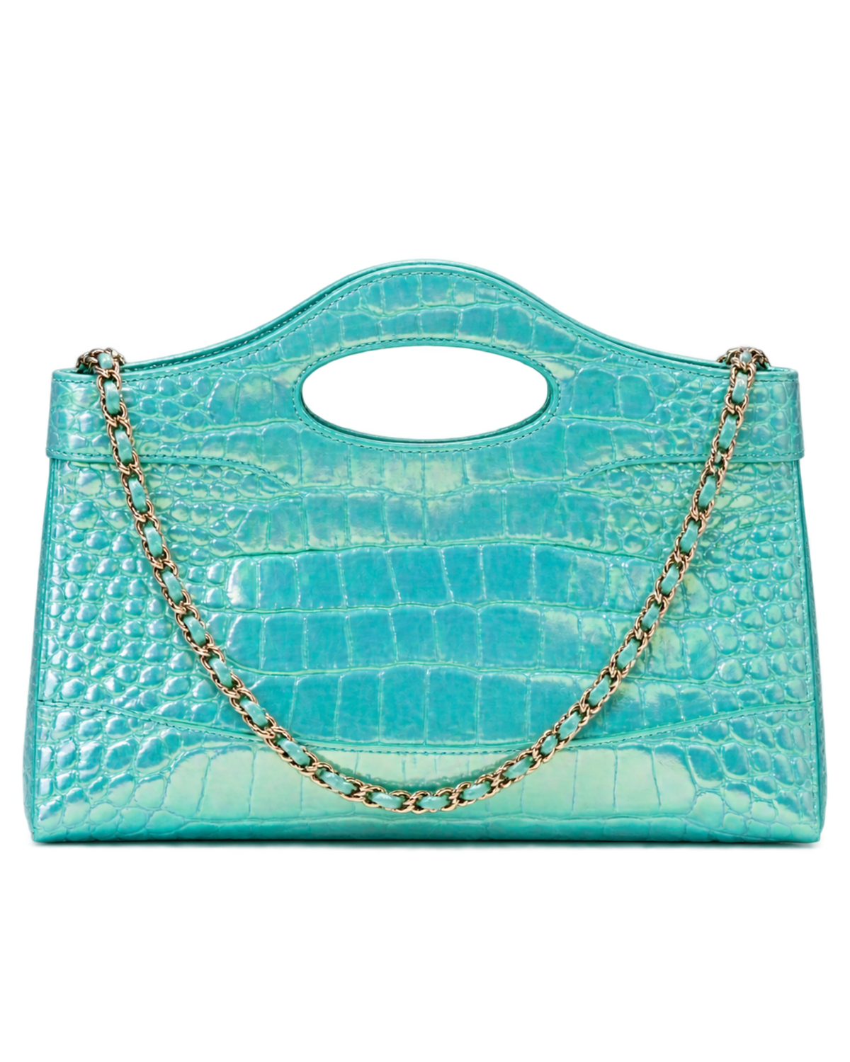 Clutch with chain Crocodile Embossed Iridescent Calfskin & Gold-Tone Metal  Turquoise