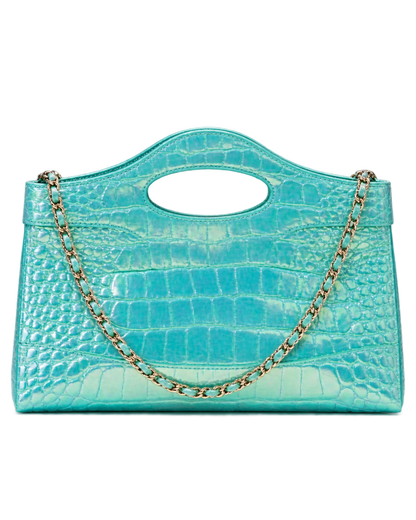 Clutch with chain Crocodile Embossed Iridescent Calfskin & Gold-Tone Metal  Turquoise