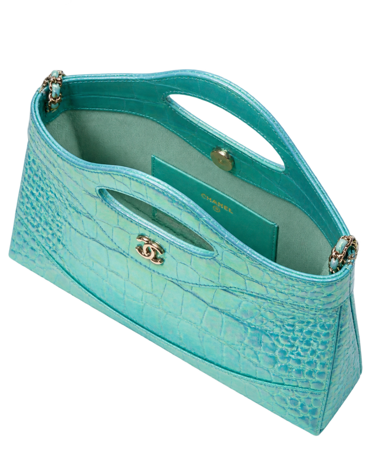 Clutch with chain Crocodile Embossed Iridescent Calfskin & Gold-Tone Metal  Turquoise