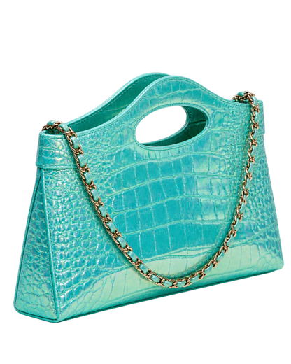 Clutch with chain Crocodile Embossed Iridescent Calfskin & Gold-Tone Metal  Turquoise