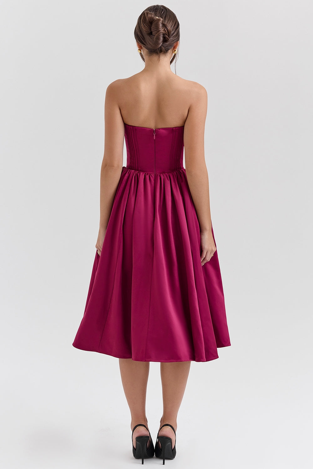 Burgundy satin tulle midi dress
