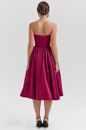 Burgundy satin tulle midi dress