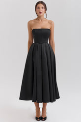 Black strapless satin corset midi dress