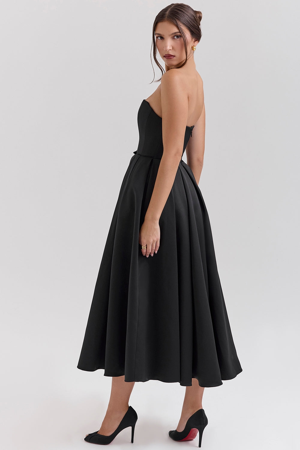 Black strapless satin corset midi dress