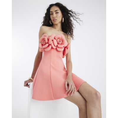 Coral 3D Flower Bandeau Mini Dress