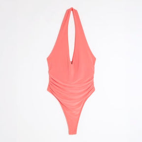 Coral Sleeveless Plunge Halter Neck Bodysuit