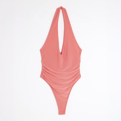 Coral Sleeveless Plunge Halter Neck Bodysuit