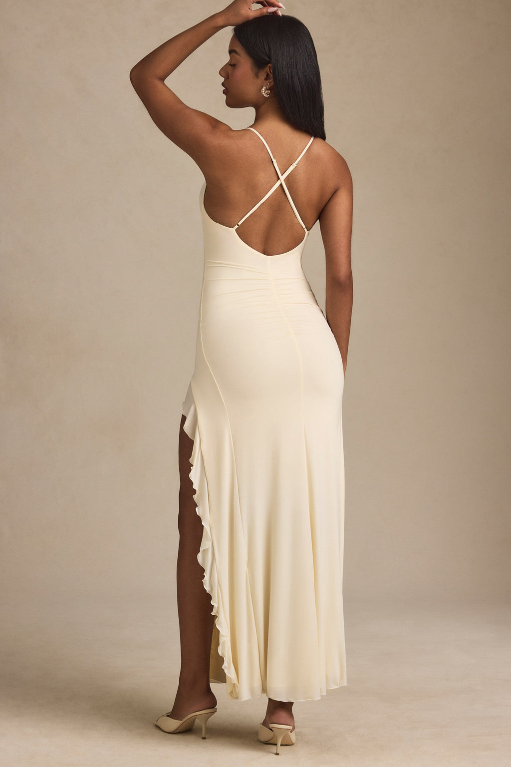 Ruched Ruffle-Trim Maxi Dress in Ivory