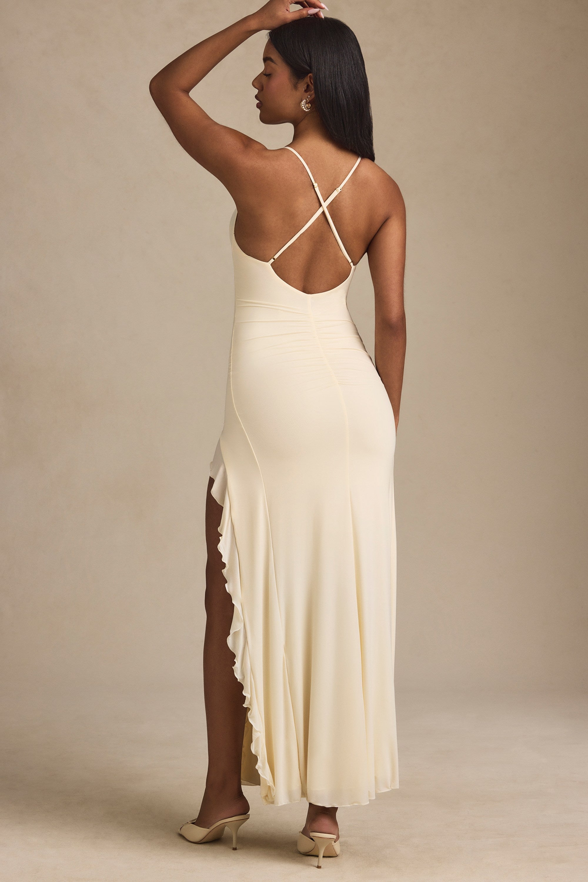Ruched Ruffle-Trim Maxi Dress in Ivory
