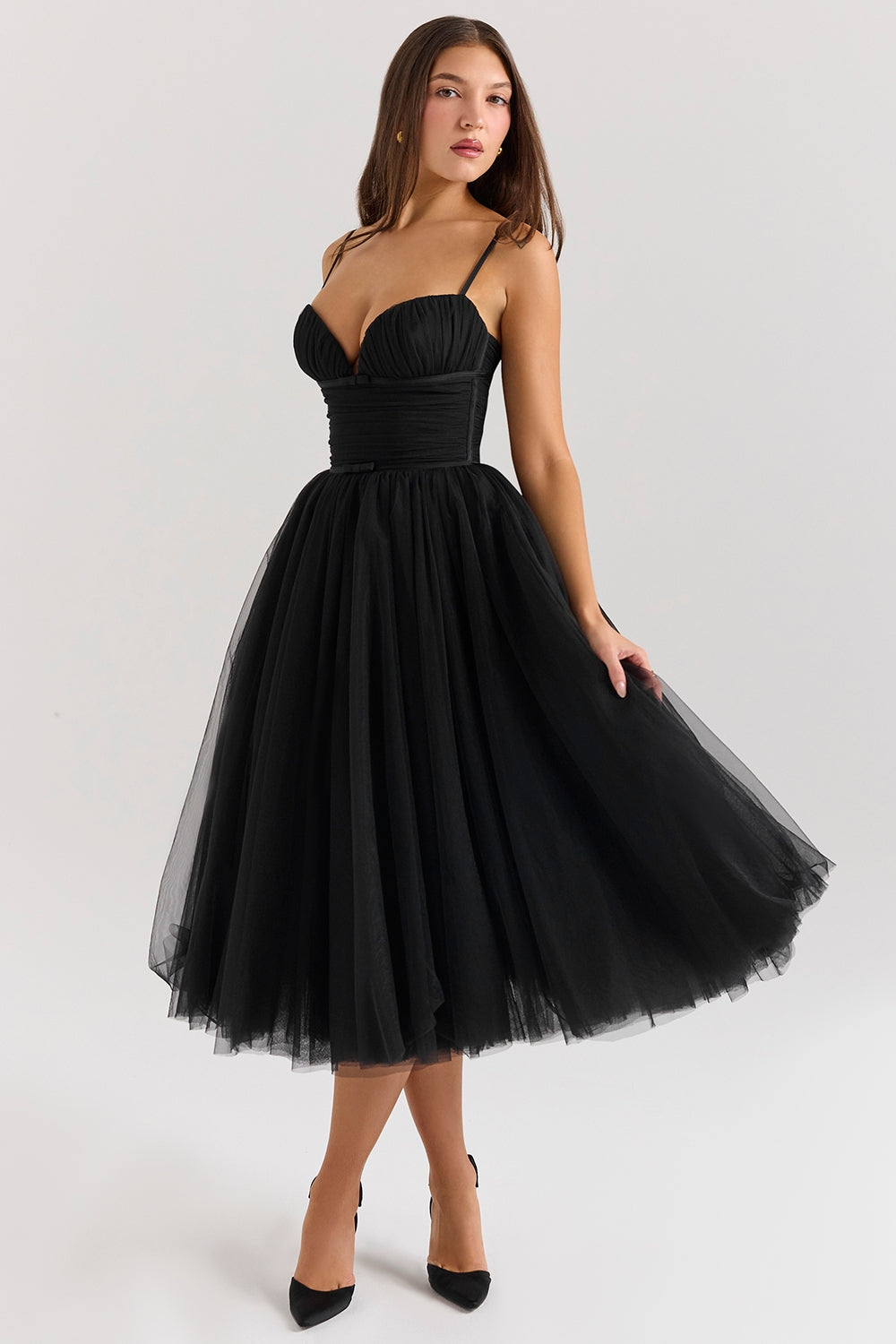 Black tulle ruched bodice midi dress