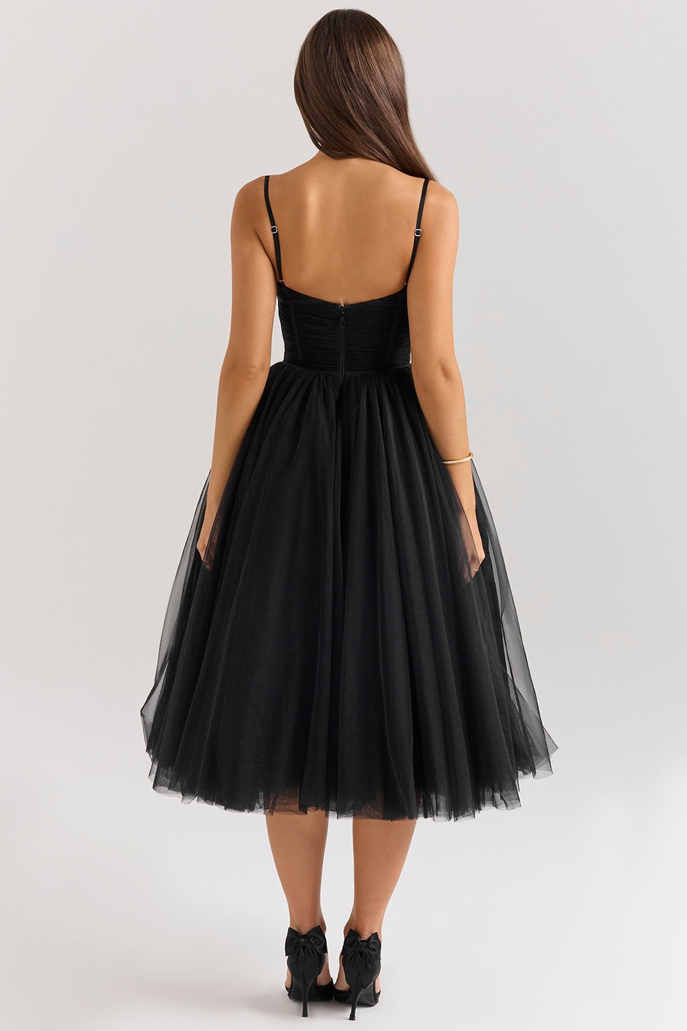 Black tulle ruched bodice midi dress
