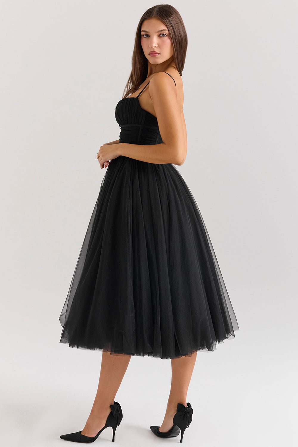 Black tulle ruched bodice midi dress
