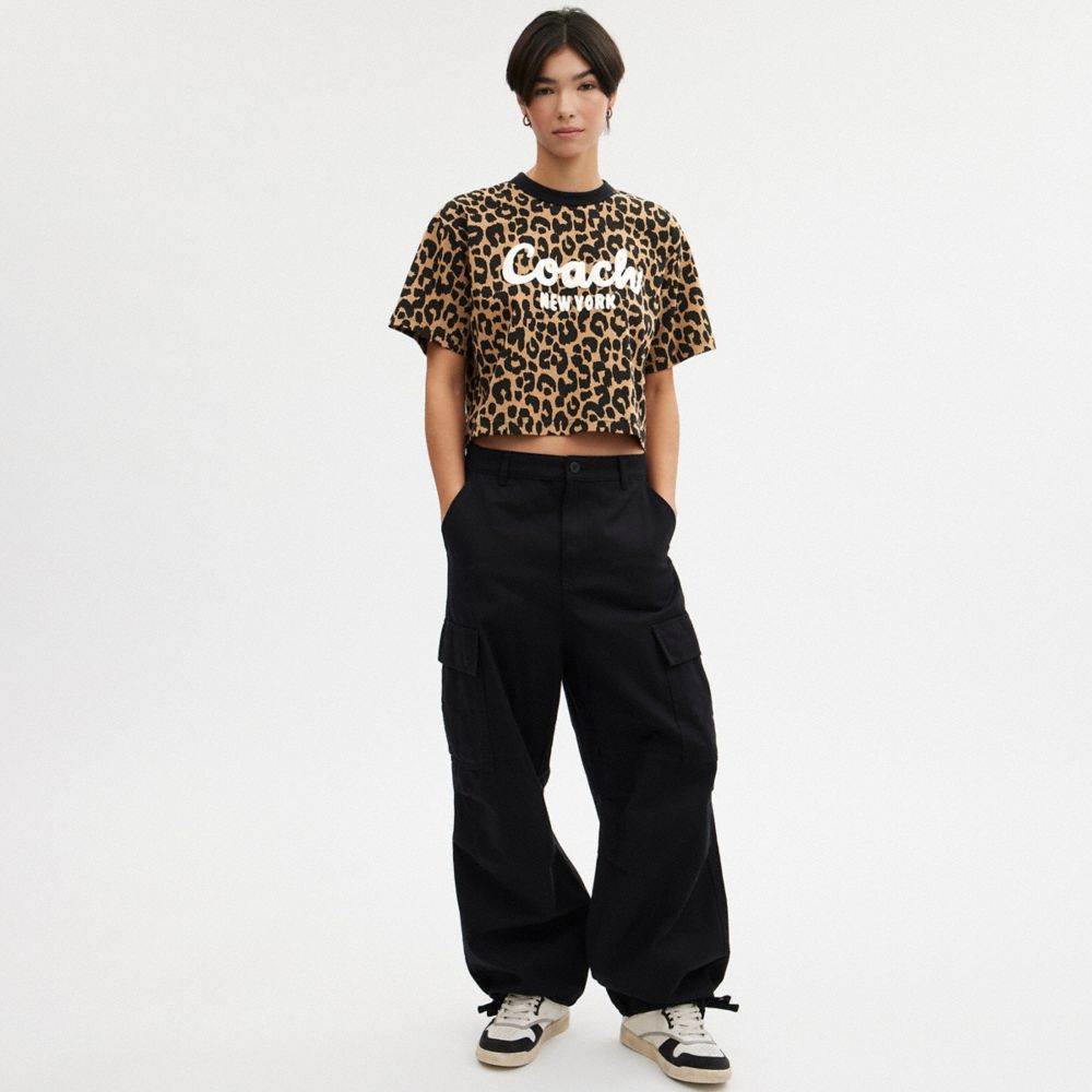 Leopard Cursive Signature Cropped T Shirt