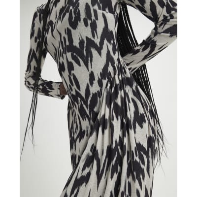 Cream Animal Print Long Sleeve Maxi Dress