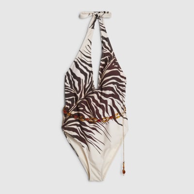 Cream Animal Print Plunge Neck Swimsuit