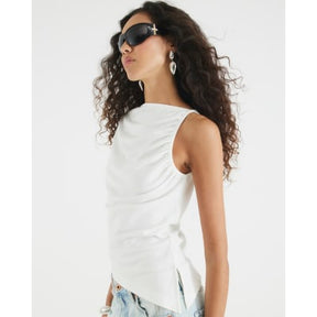 Cream Asymmetric Short Sleeve Drape Top