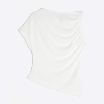 Cream Asymmetric Short Sleeve Drape Top