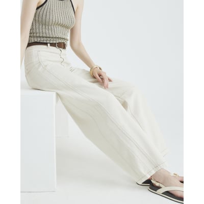 Cream Belted Pocket Balloon Jeans