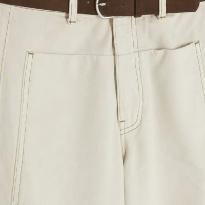 Cream Belted Pocket Balloon Jeans
