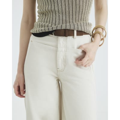 Cream Belted Pocket Balloon Jeans