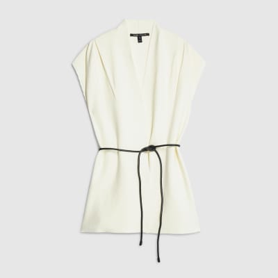 Cream Belted Sleeveless Cardigan