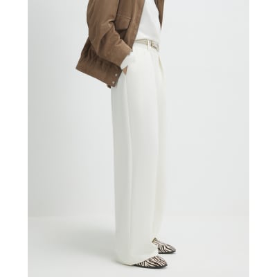 Cream Belted Wide Leg Trousers