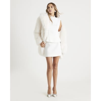 Cream Boucle A Line Mini Skirt