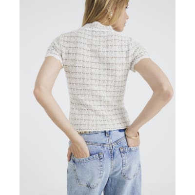 Cream Boucle Button Detail Collared Top