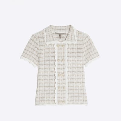 Cream Boucle Button Detail Collared Top