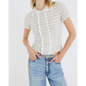 Cream Boucle Button Detail Collared Top