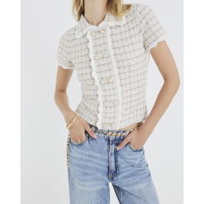 Cream Boucle Button Detail Collared Top