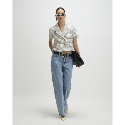 Cream Boucle Checked Short Sleeve Jacket