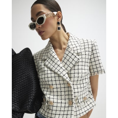 Cream Boucle Checked Short Sleeve Jacket