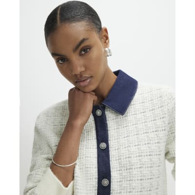Cream Boucle Denim Mix Cardigan