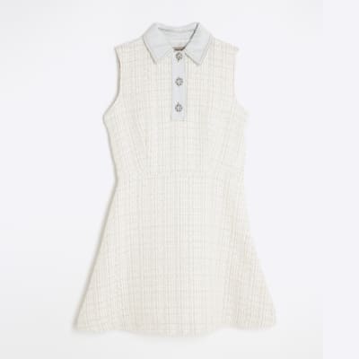 Cream Boucle Denim Sleeveless Mini Dress