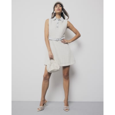 Cream Boucle Denim Sleeveless Mini Dress